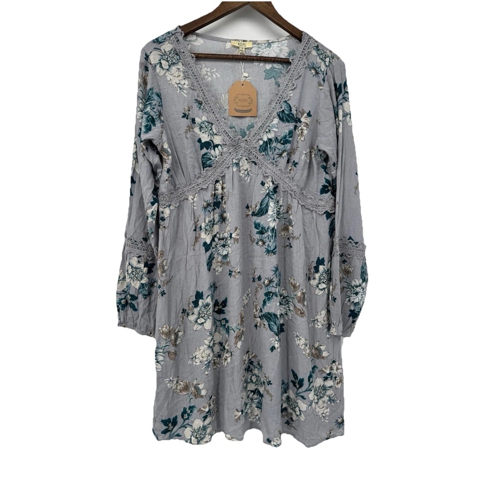 Kori America Blue‎ Floral Peasant Mini Dress Babydoll Lace NWT Cottagecore S